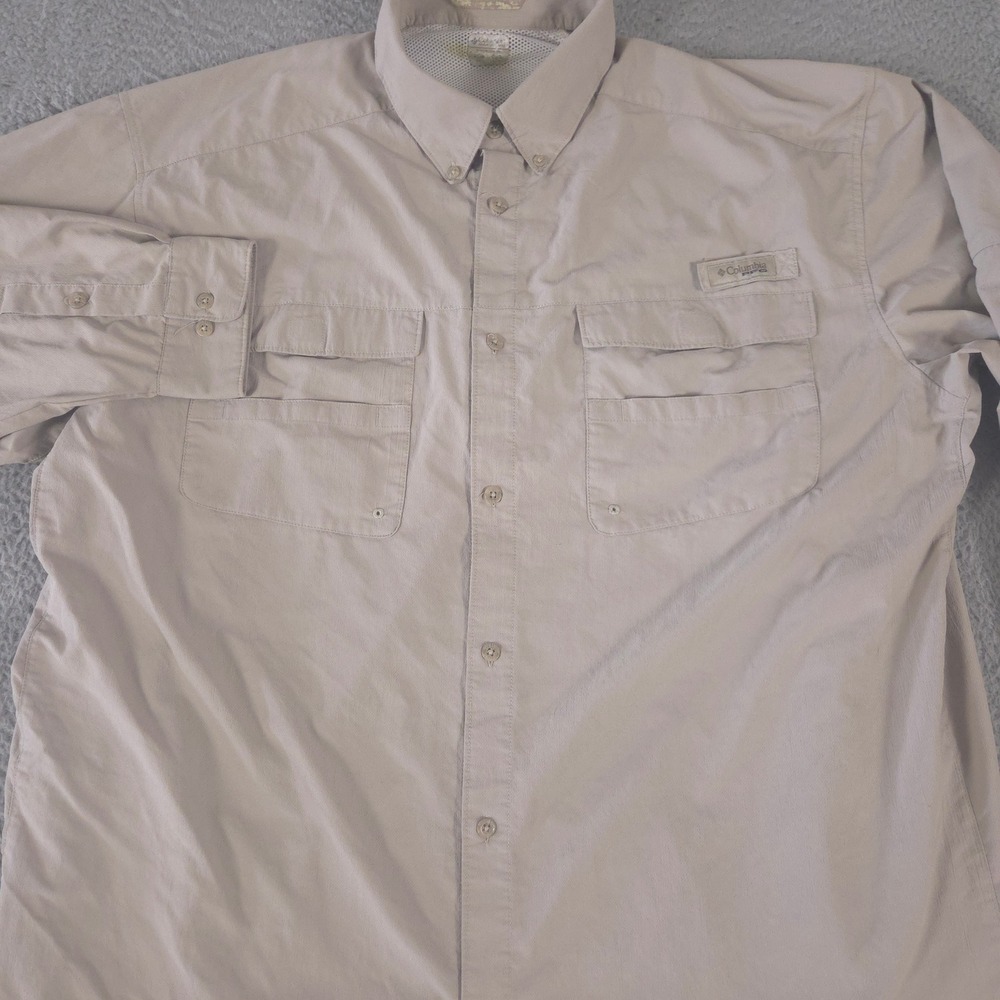 Columbia‎ Shirt Mens XXL Tan Blood N Guts Polyester Long Sleeve Fishing PFG UPF